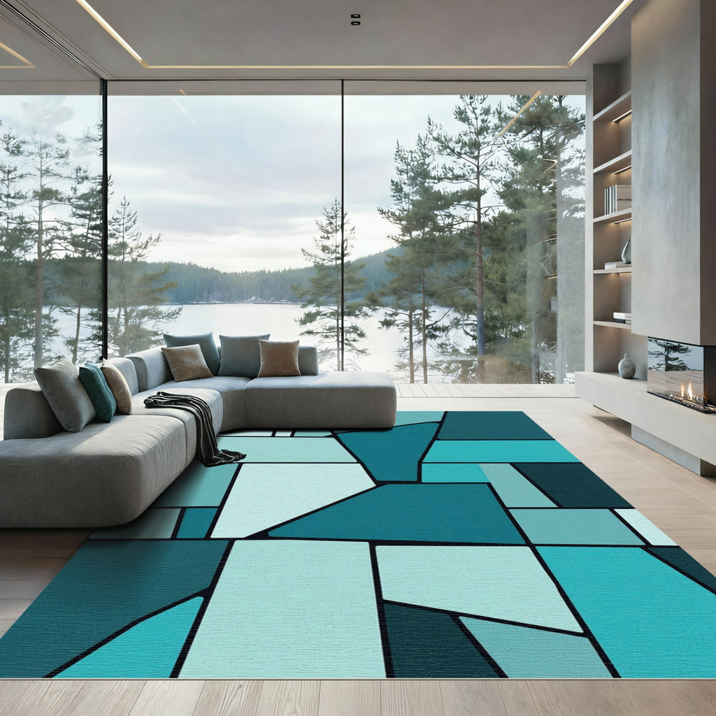 Modern Teal Geometric Block Rug
