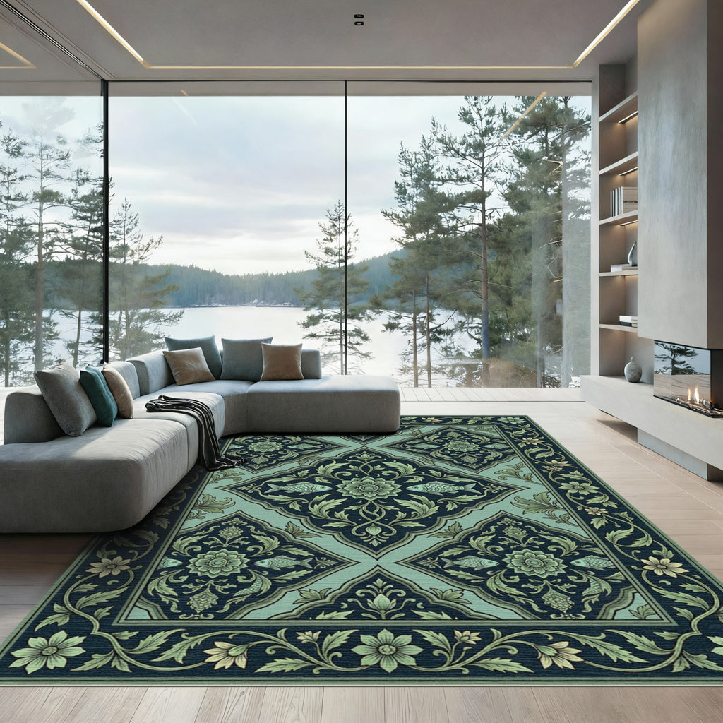 Jade Teal Floral Fish Medallion Rug