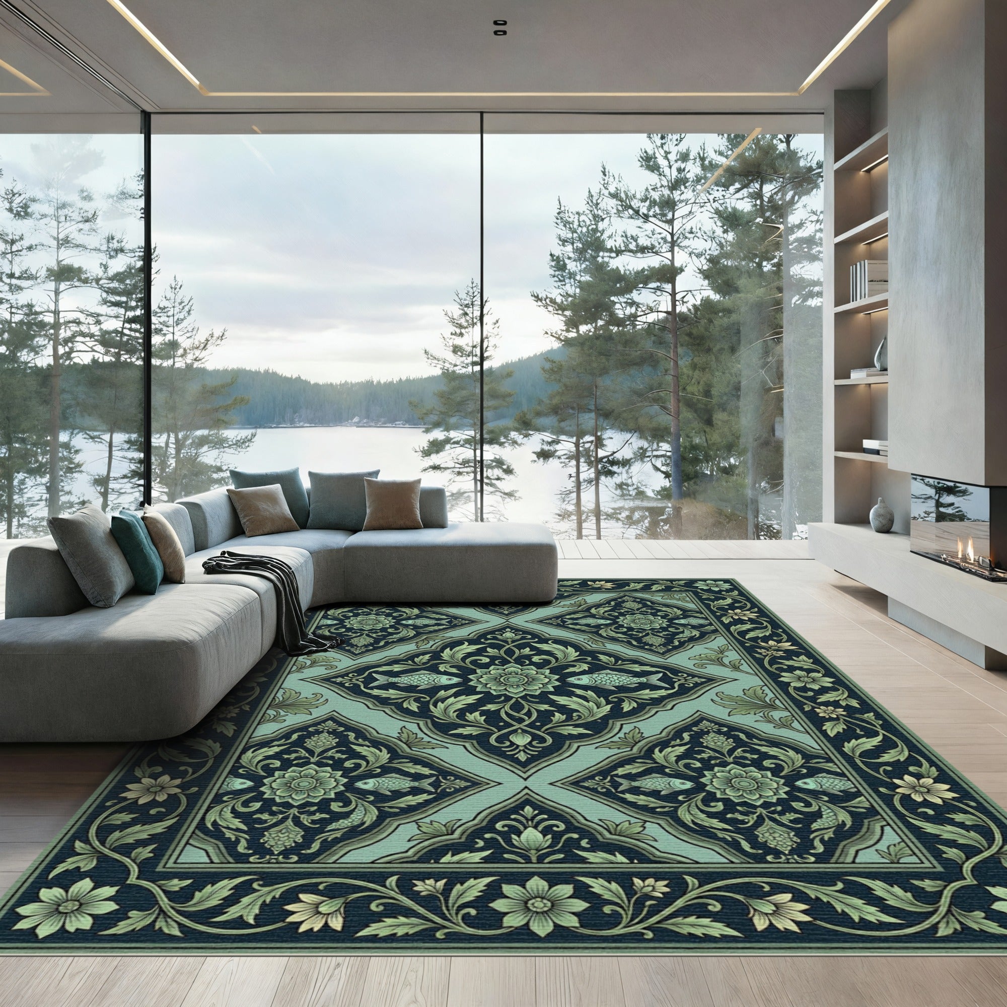 Jade Teal Floral Fish Medallion Rug