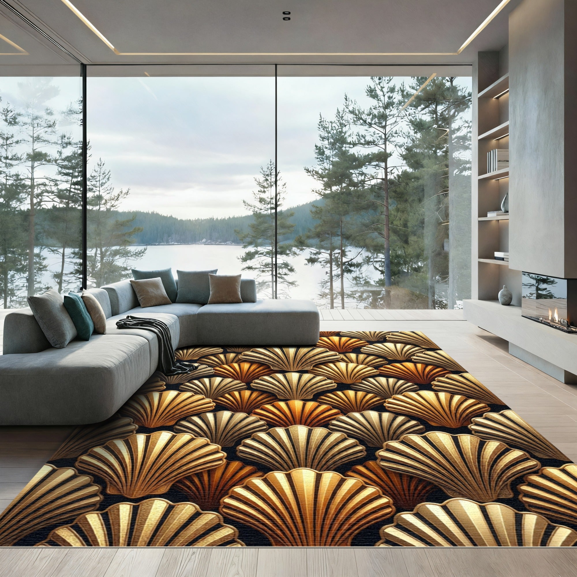 Golden Art Deco Shell Scallop Rug