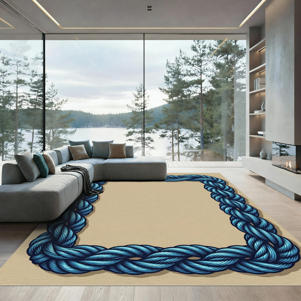 Deep Blue Braided Rope Border Rug