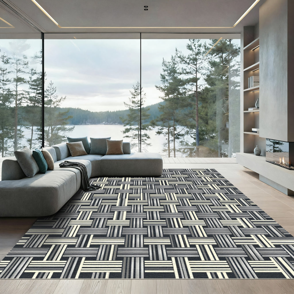 Monochrome Metallic Woven Geometric Grid Rug