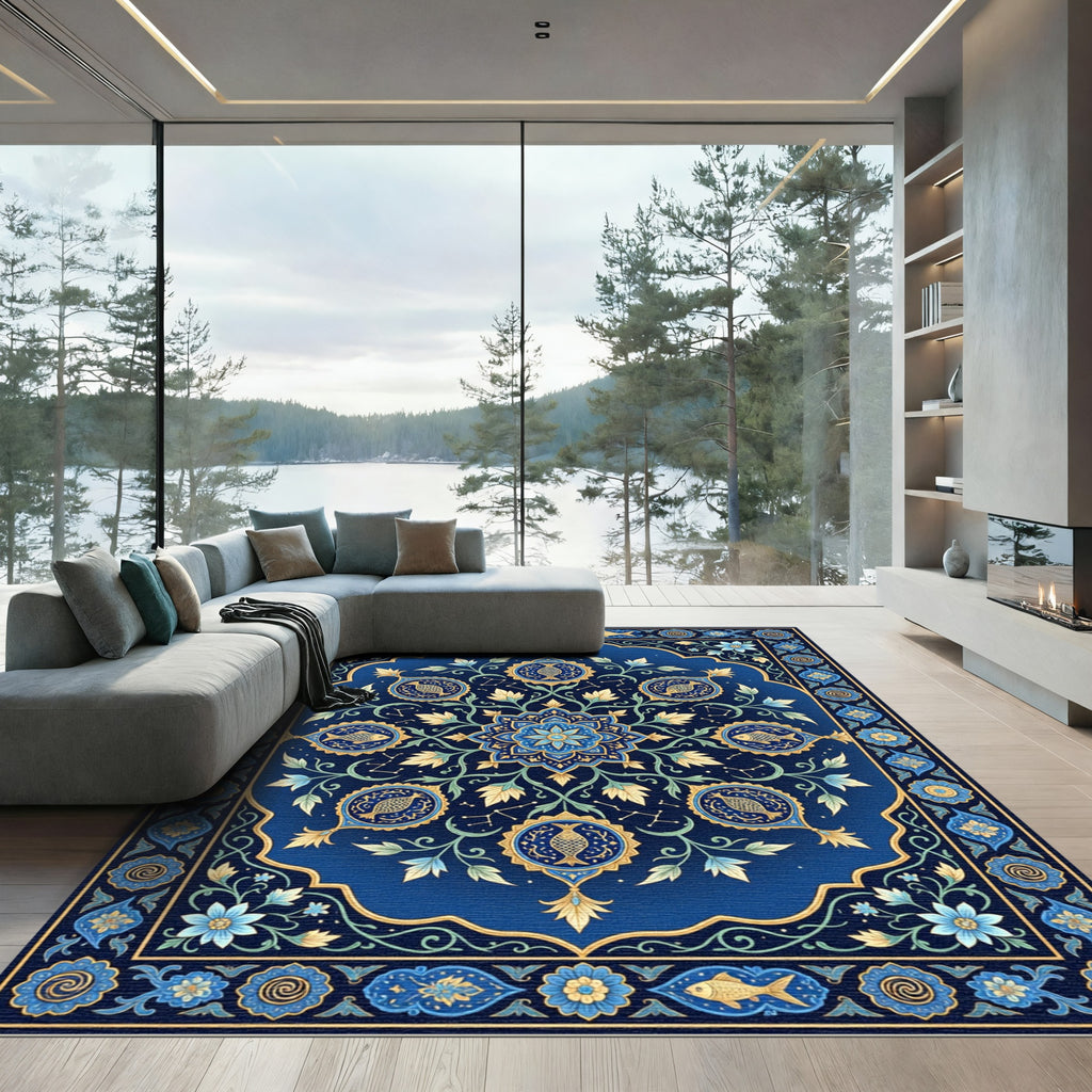 Cobalt Blue Celestial Fish Medallion Rug