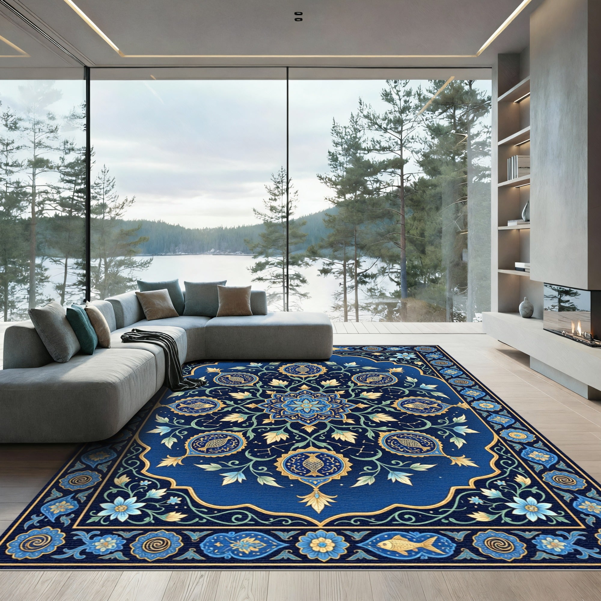 Cobalt Blue Celestial Fish Medallion Rug