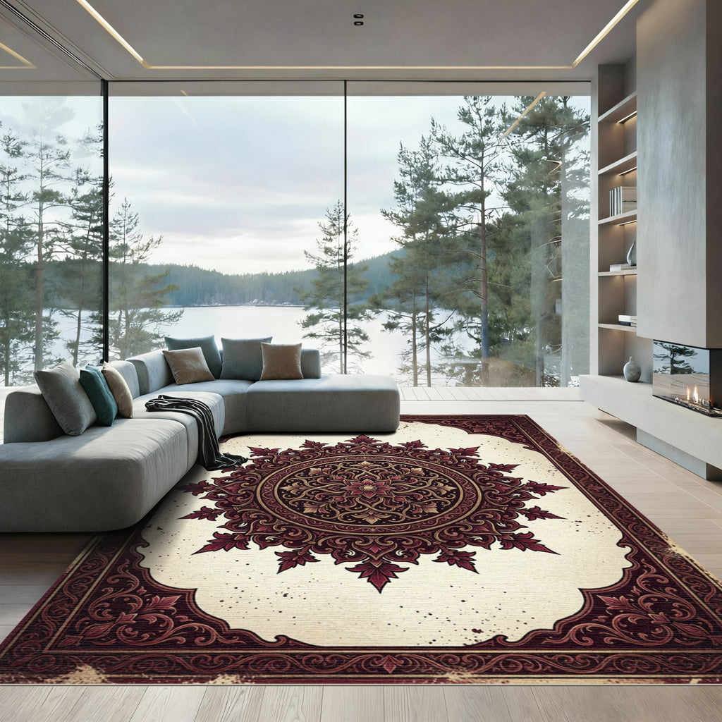 Intricate Burgundy Floral Damask Mandala Rug