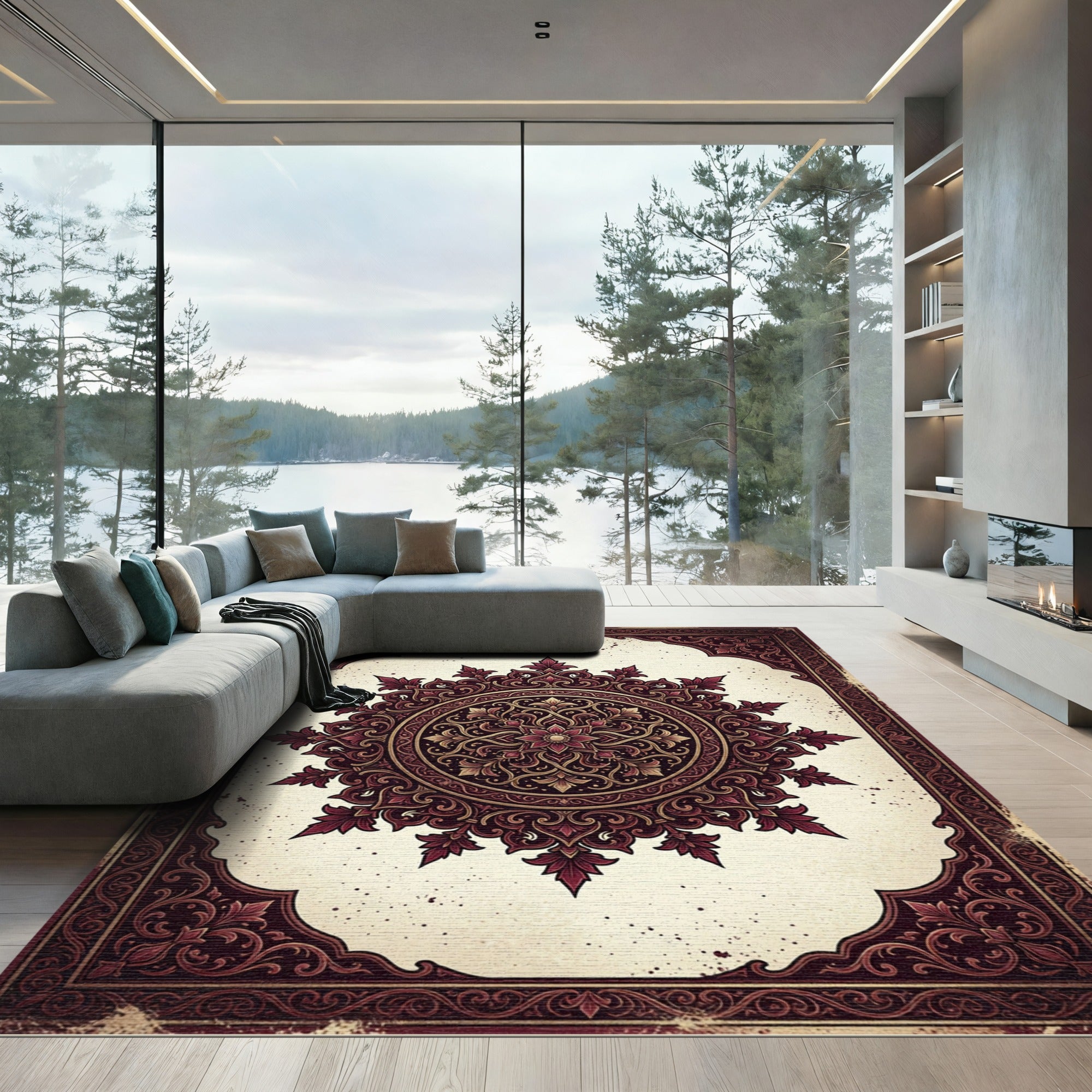 Intricate Burgundy Floral Damask Mandala Rug