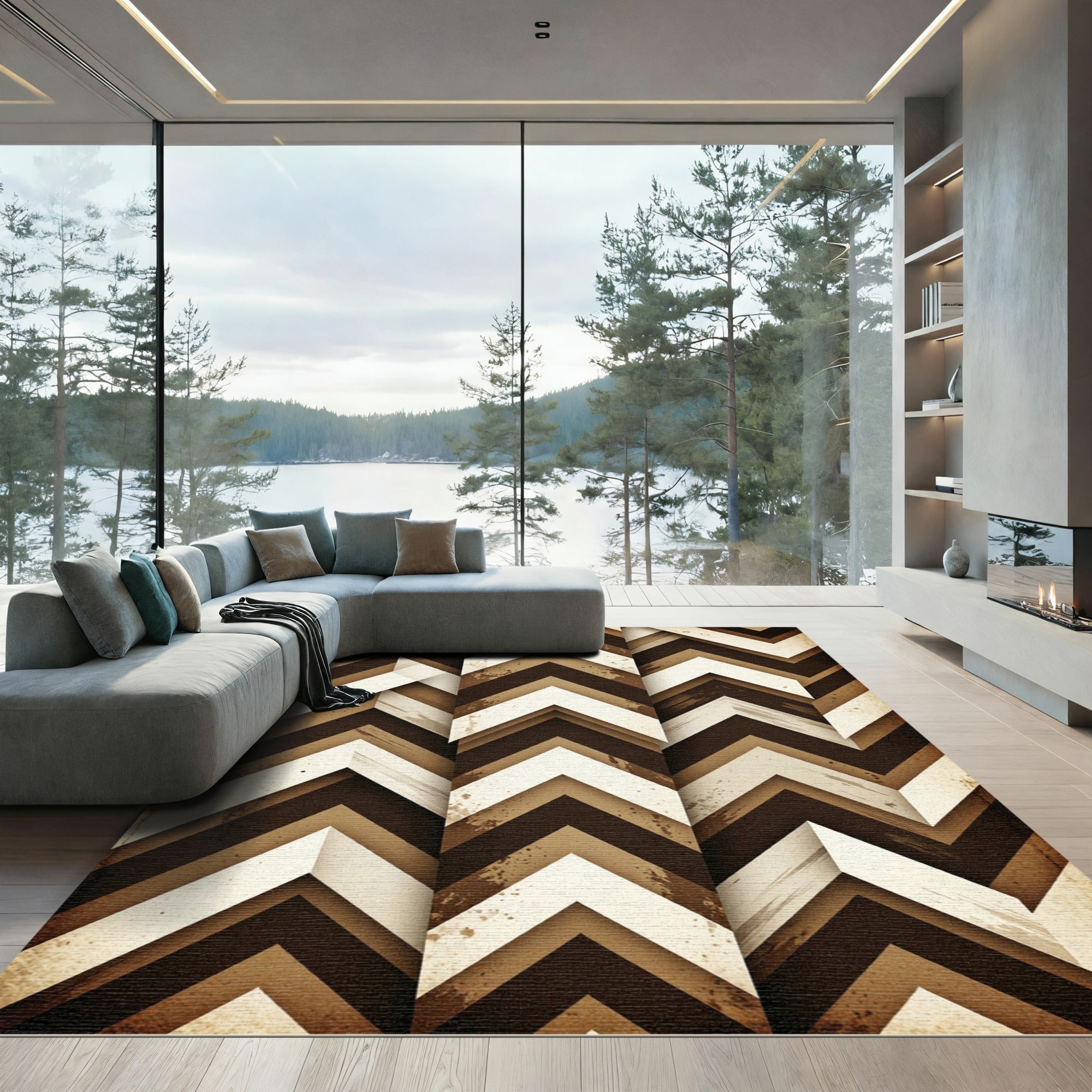 Mid Century Brown Chevron Geometric Rug