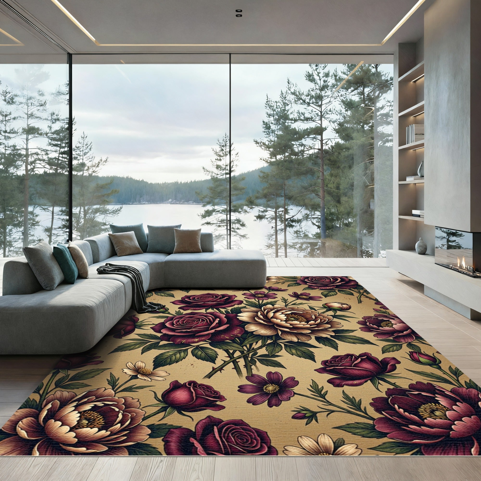 Rich Burgundy Floral Bloom Arrangement Rug