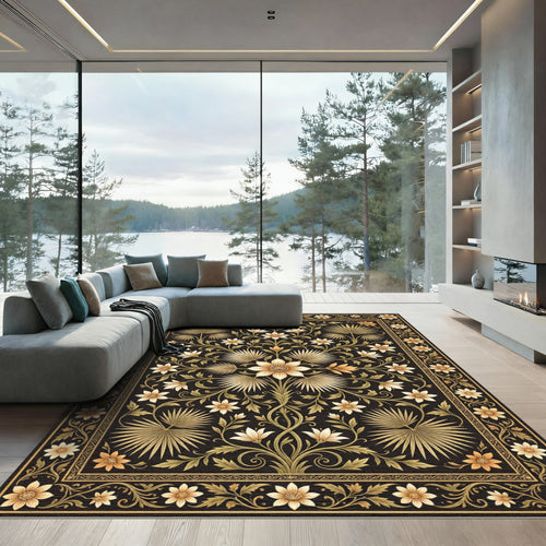 Black Golden Floral Palm Leaf Rug