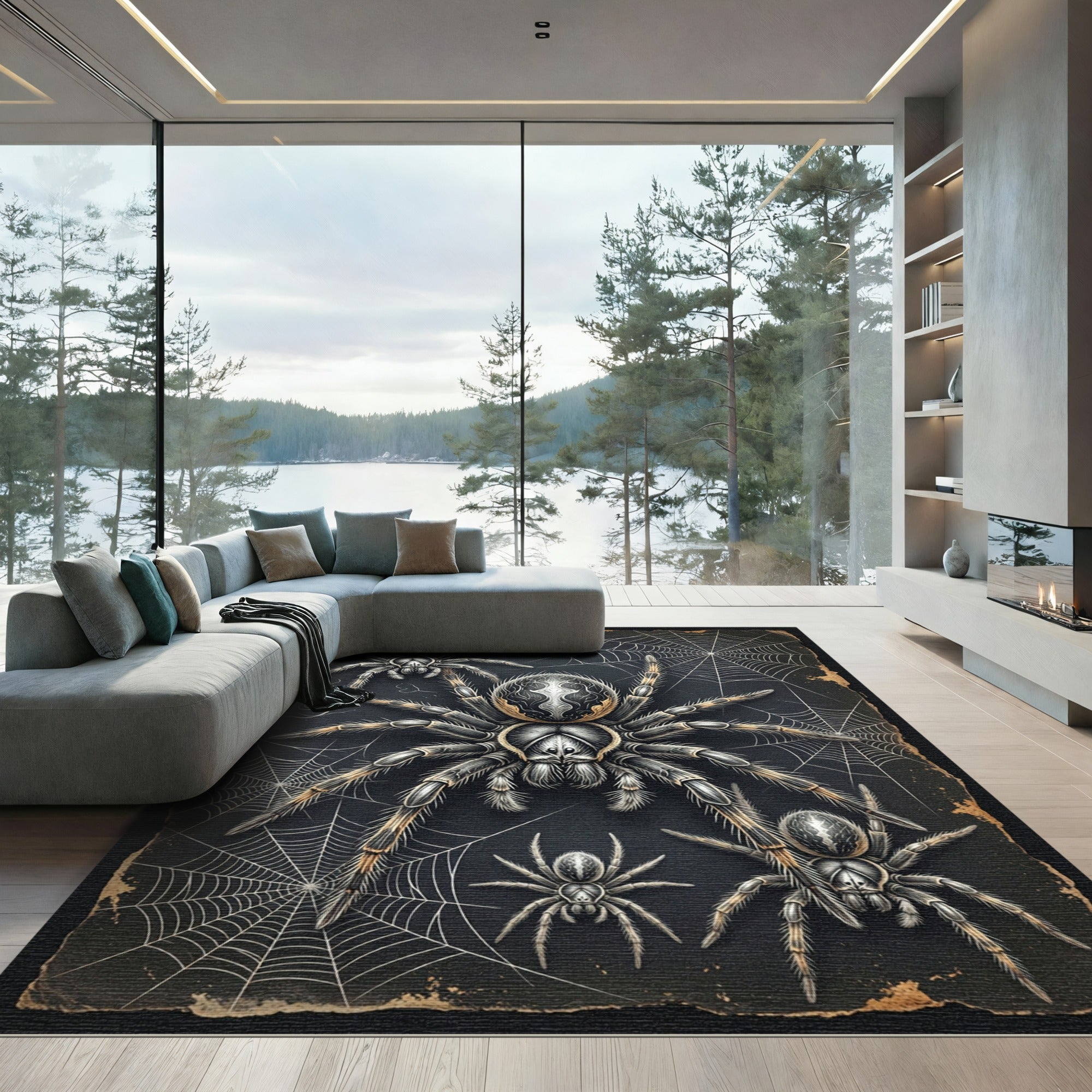 Gothic Black Spiders and Web Art Rug