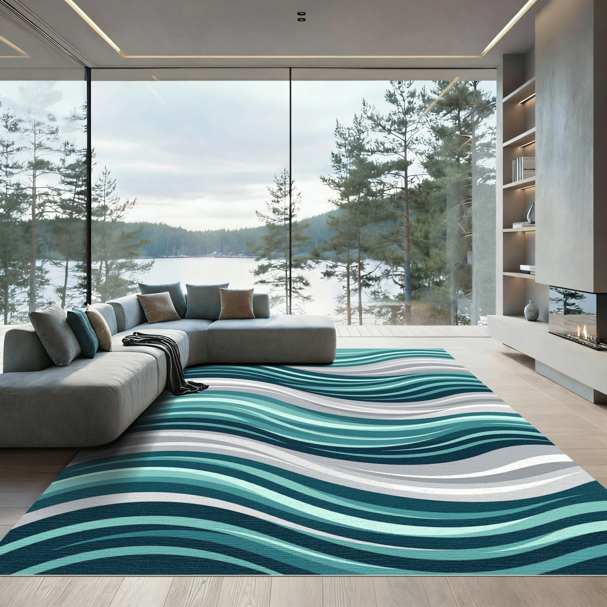 Teal Aqua Grey Wavy Stripes Rug