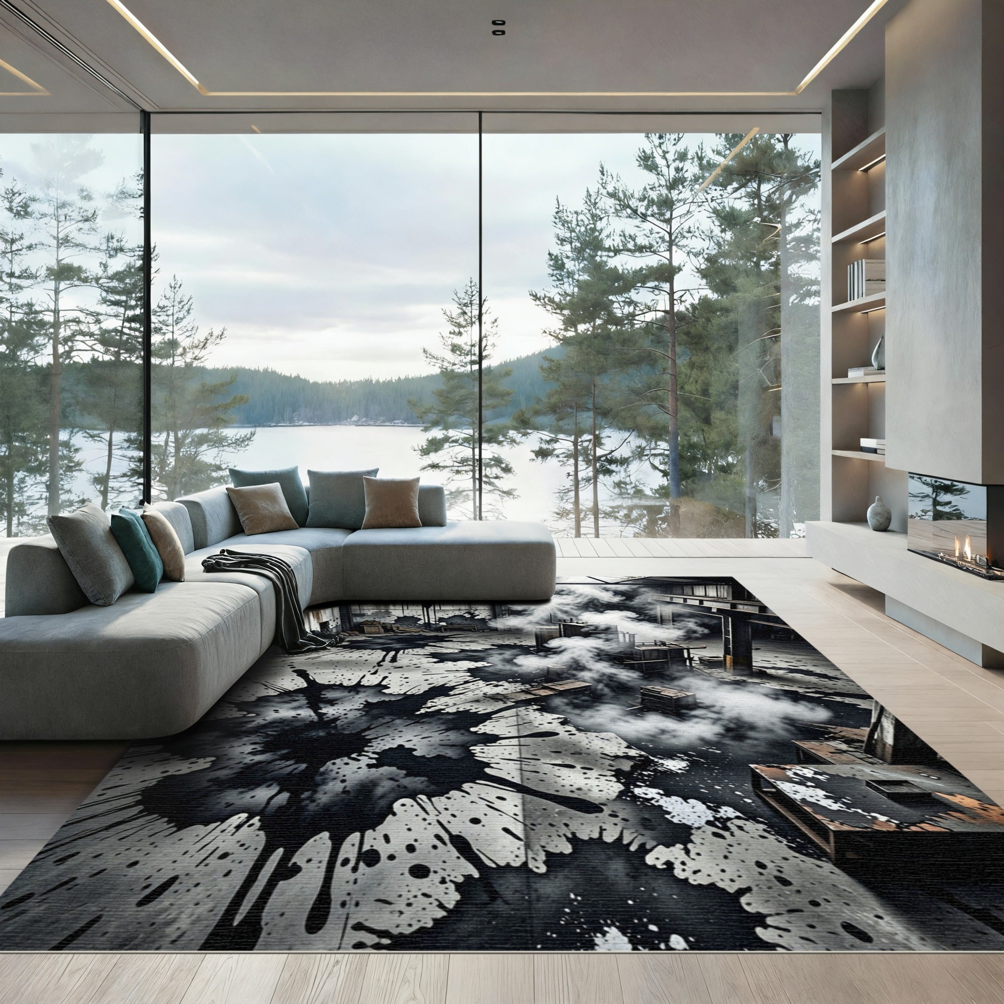 Industrial Black Ink Splatter Rug
