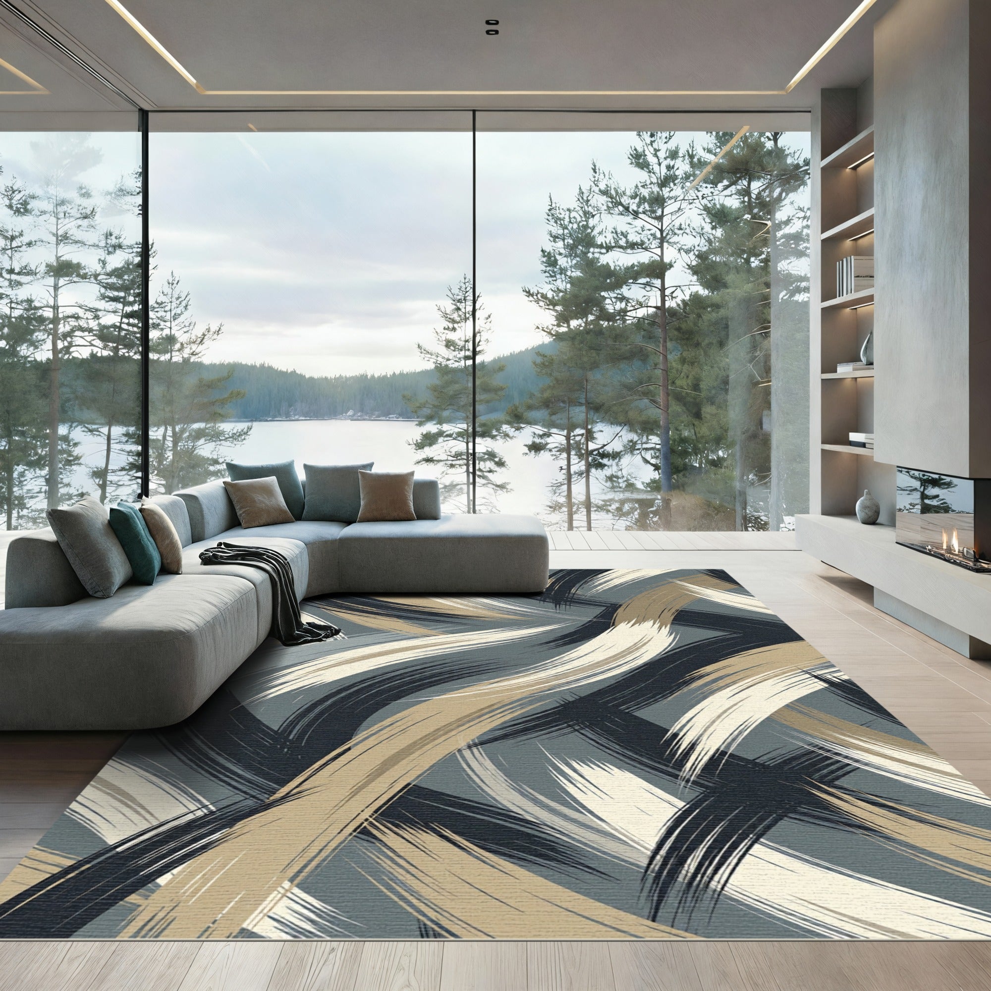 Abstract Brushed Swirls Blue Beige Rug