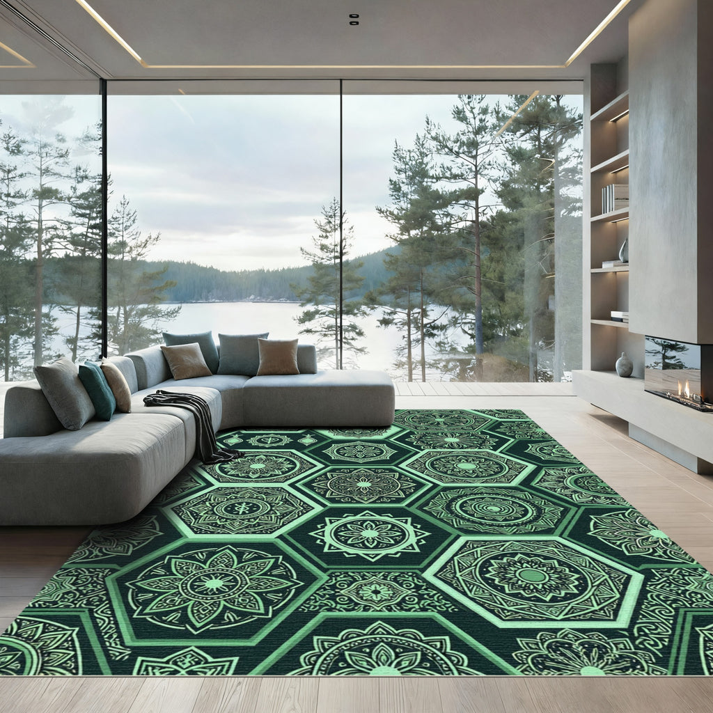Mint Green Hexagonal Mandala Jewels Rug