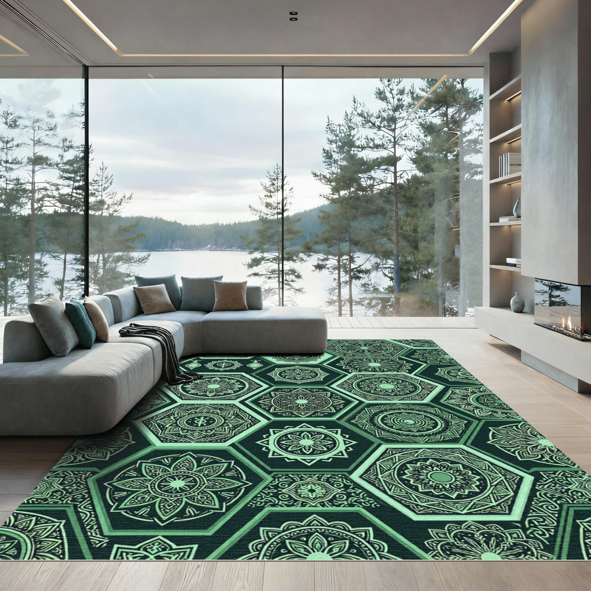 Mint Green Hexagonal Mandala Jewels Rug
