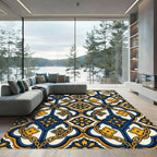 Blue and Gold Ornate Scroll Medallion Rug