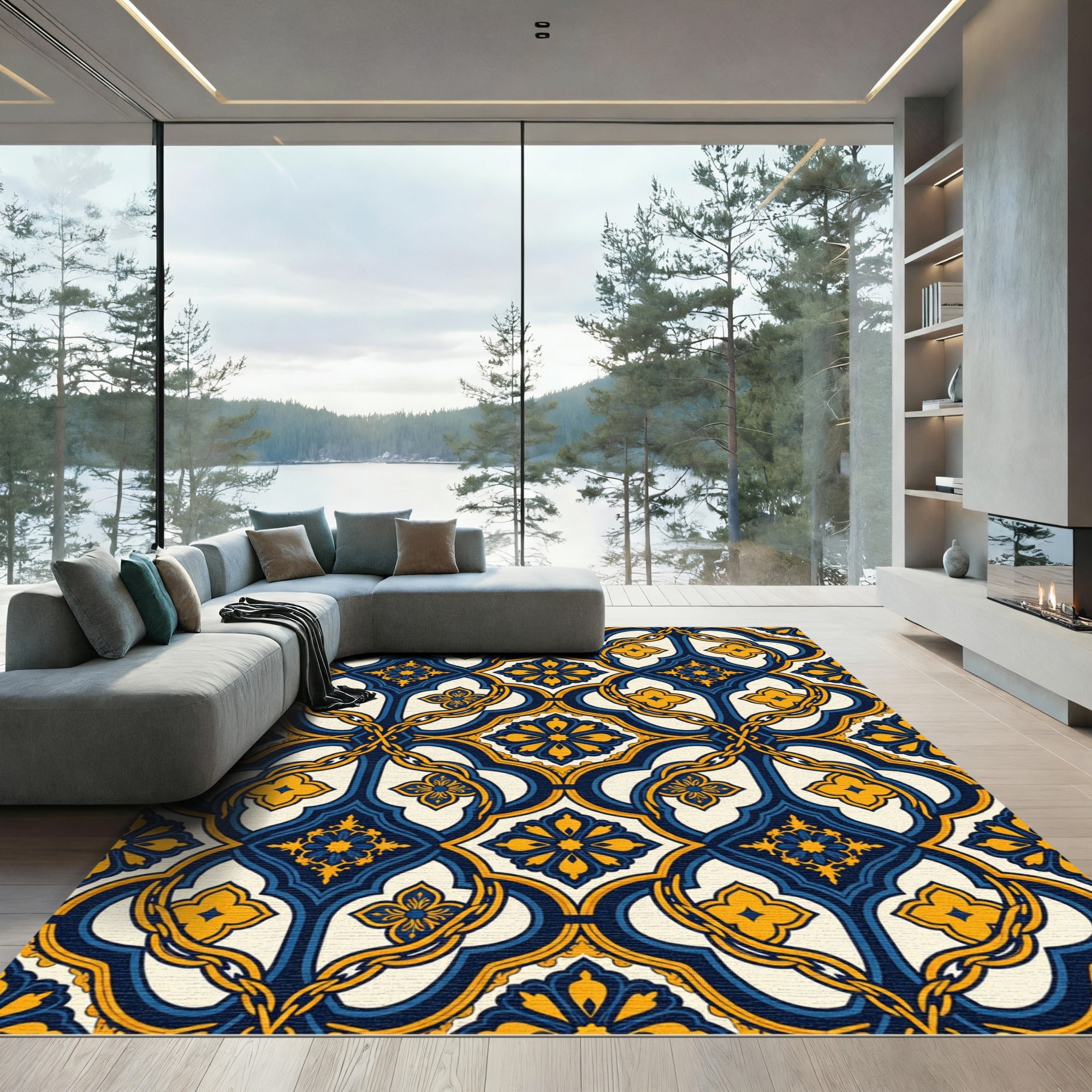 Blue and Gold Ornate Scroll Medallion Rug