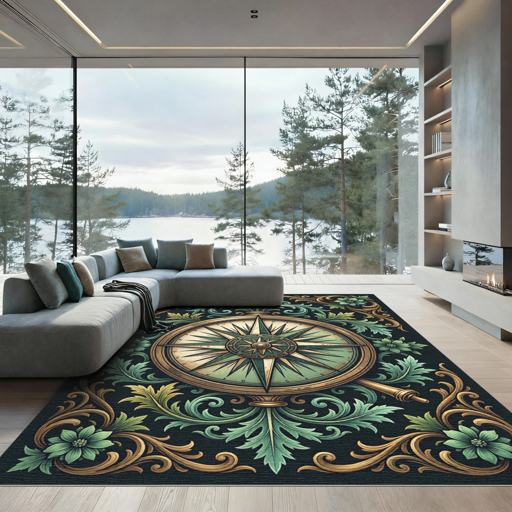Ornate Gold Compass Sage Foliage Rug