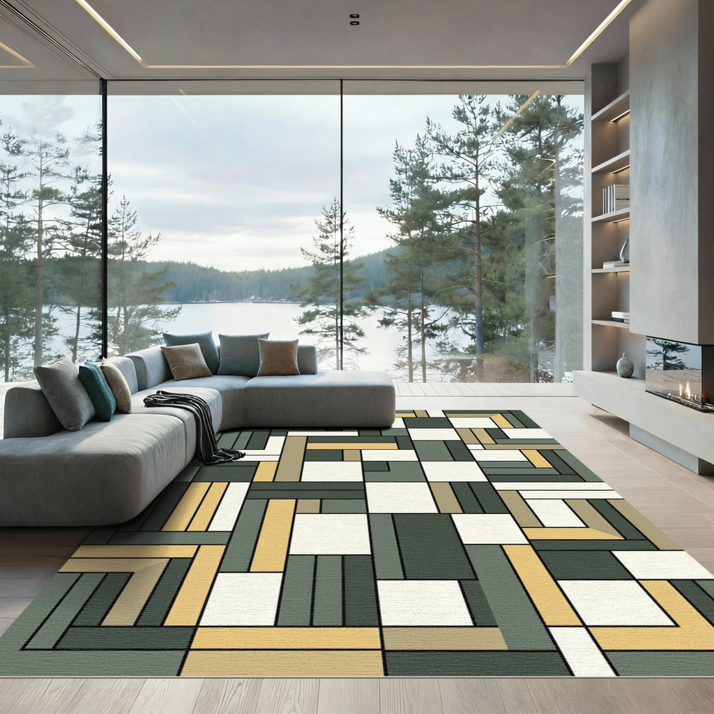 Modern Geometric Mustard Grey Layout Rug