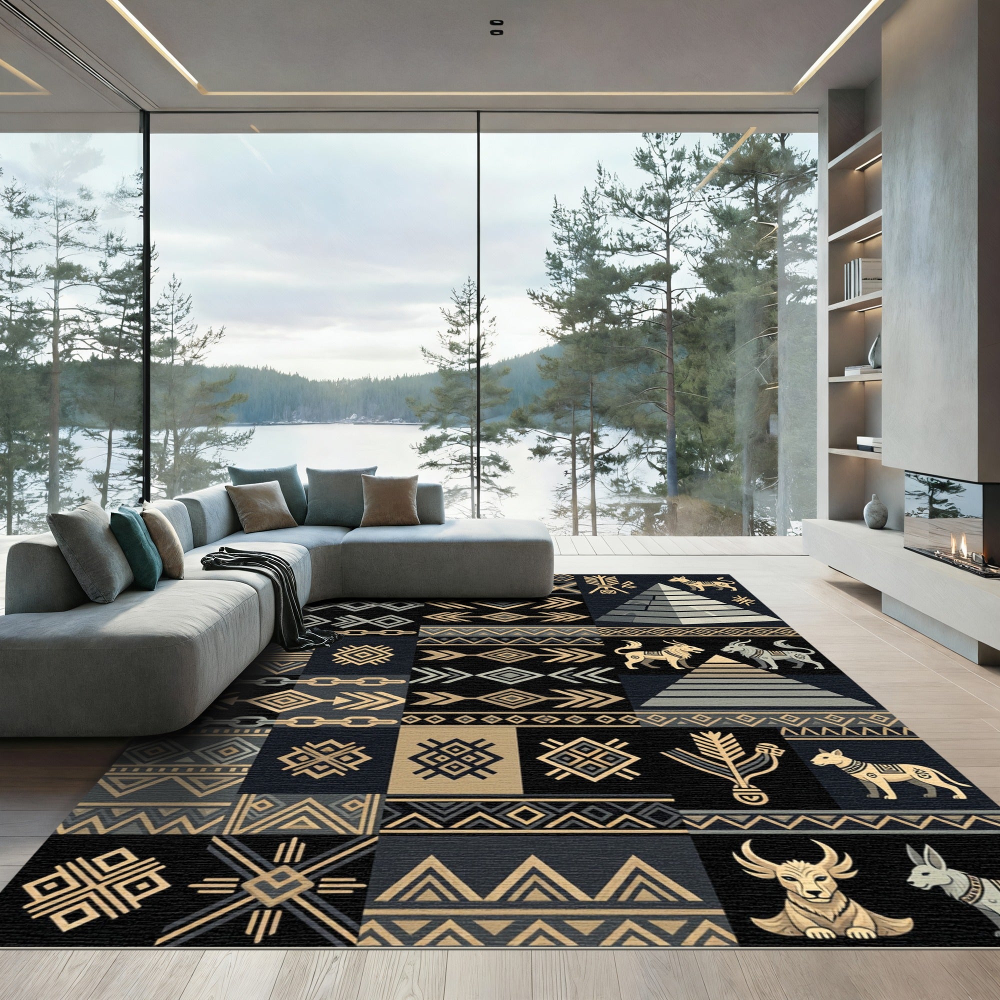 Ancient Egyptian Geometric Chain Creatures Rug