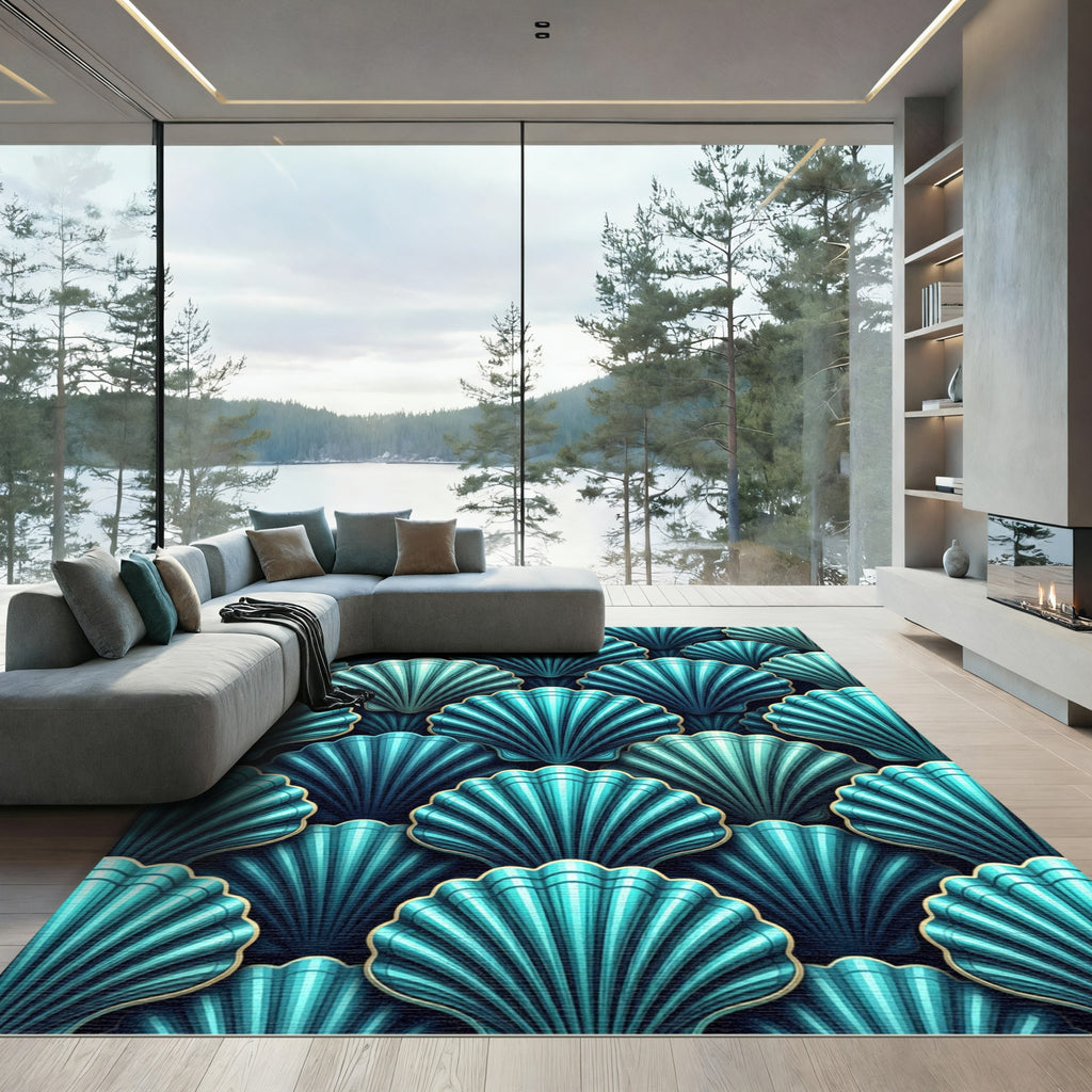 Aqua Blue Fan Shell Arrangement Rug