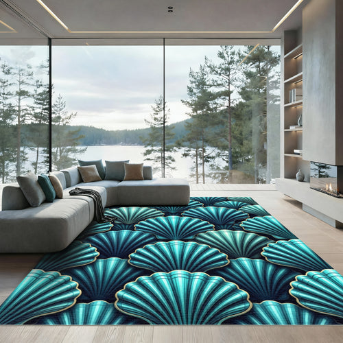 Aqua Blue Fan Shell Arrangement Rug