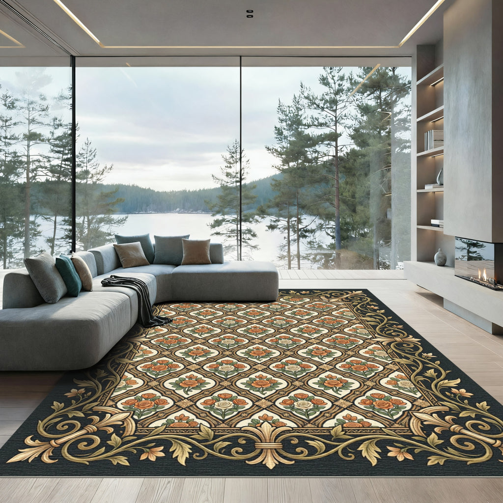 Golden Orange Rose Lattice Border Rug