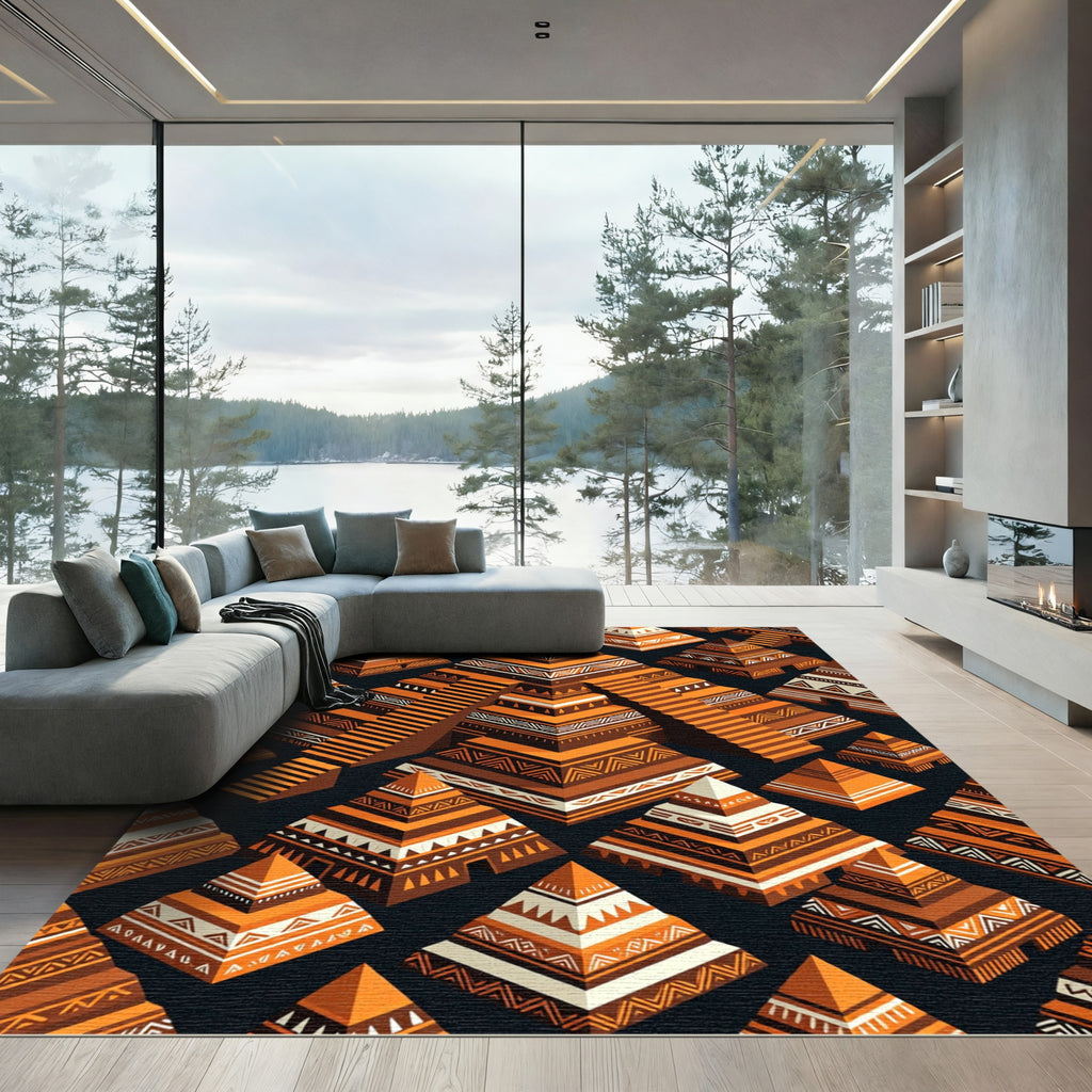 Tribal Orange Pyramid Geometric Composition Rug