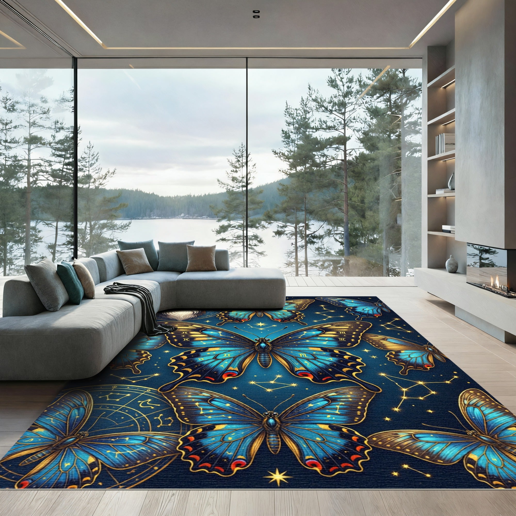 Celestial Blue Butterfly Constellation Art Rug