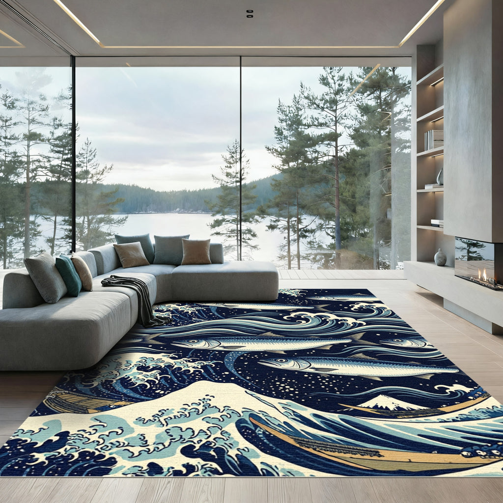 Classic Hokusai Wave and Fish Illustration Rug