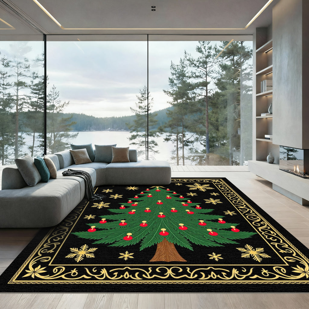 Festive Green Christmas Tree Gold Snowflakes Rug