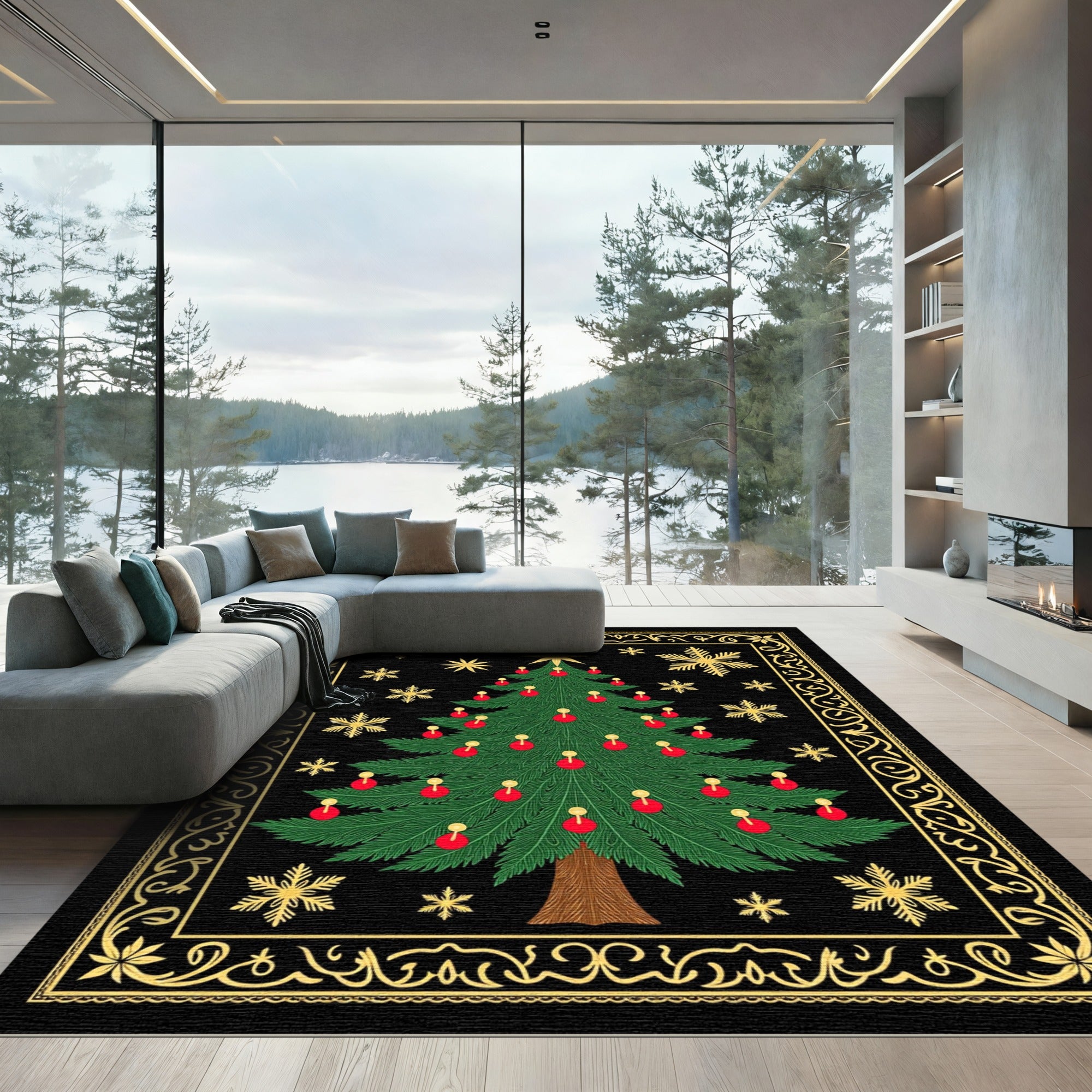 Festive Green Christmas Tree Gold Snowflakes Rug