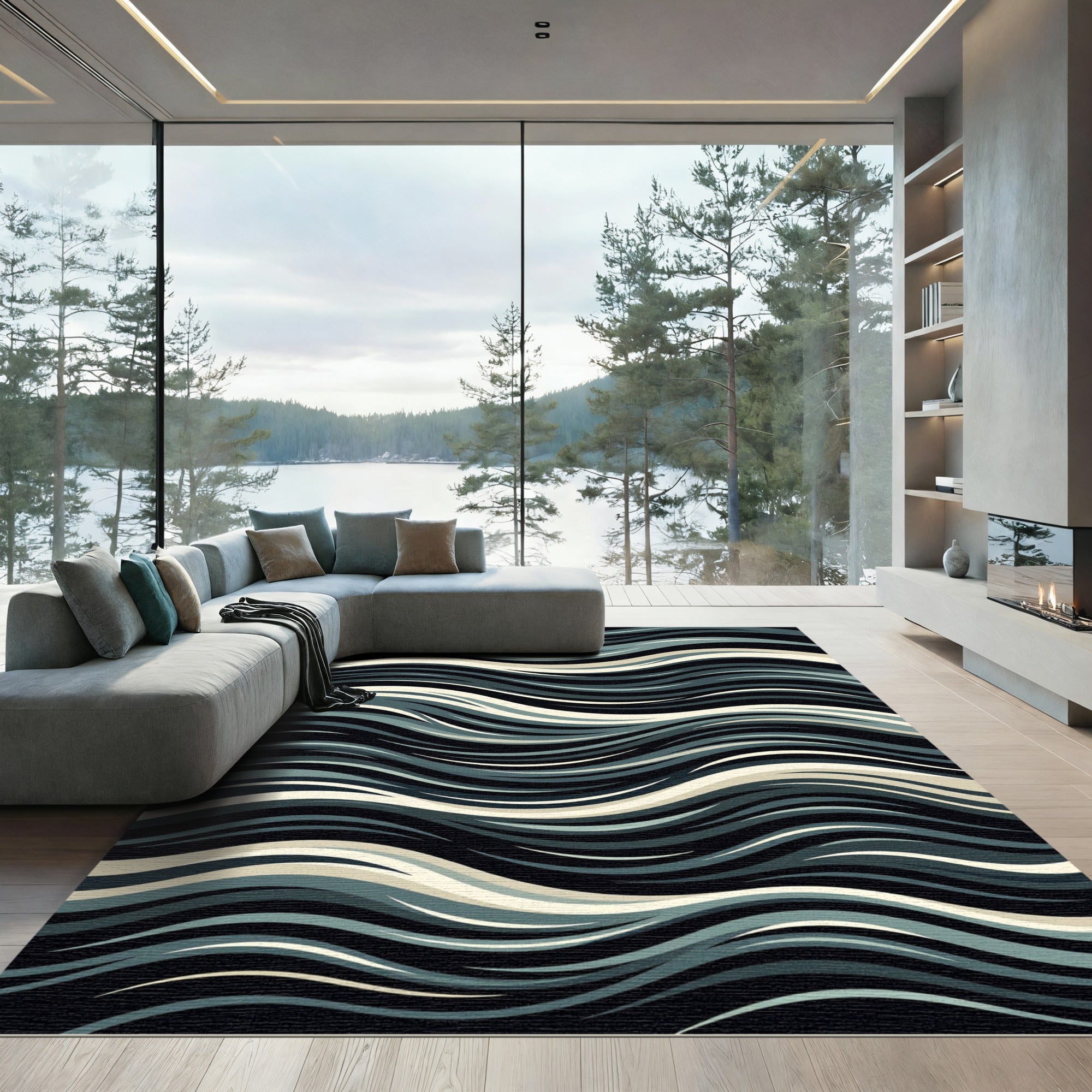 Dark Slate Blue Abstract Wavy Lines Rug