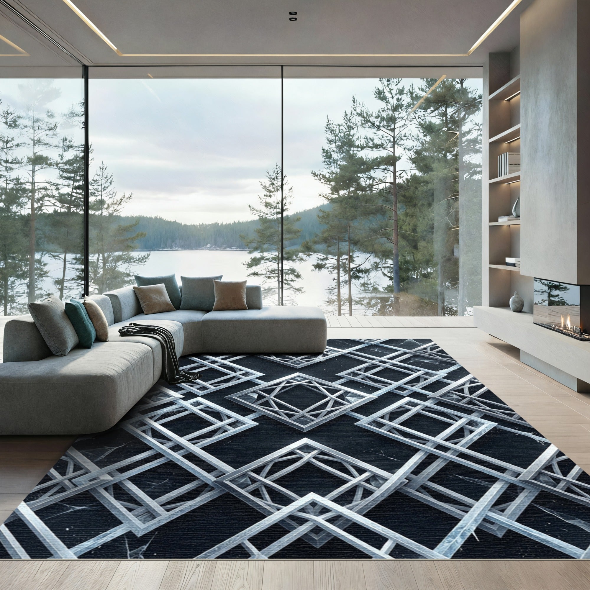 Silver Interlocking Geometric Diamond Lattice Rug
