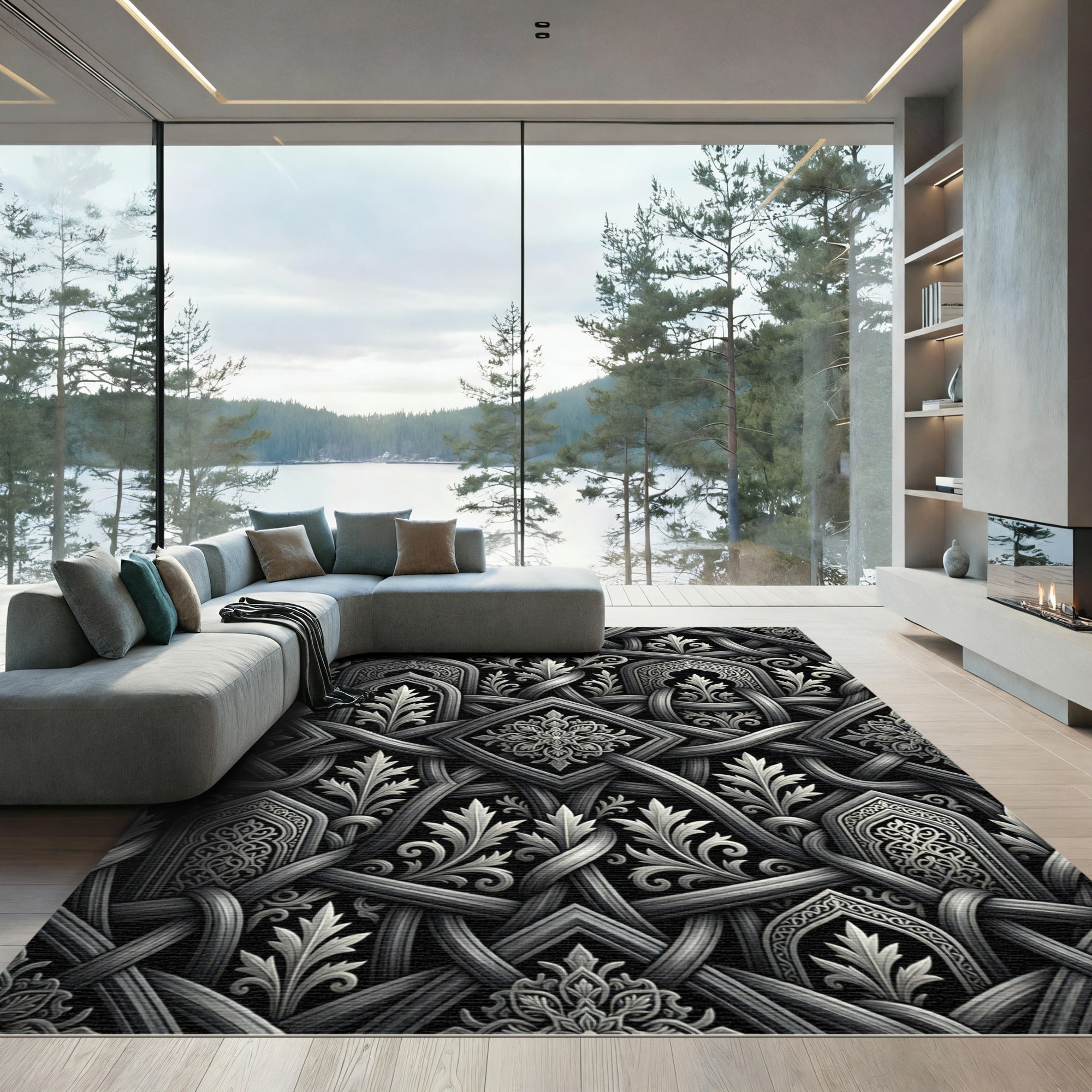 Intricate Silver Interlaced Arch Foliage Rug
