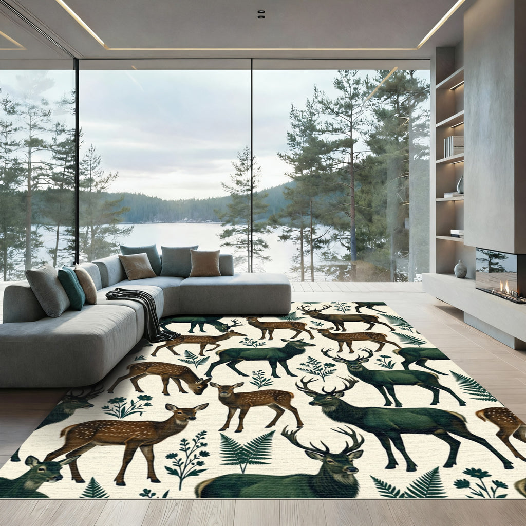 Forest Green Woodland Deer Fern Aesthetic Rug