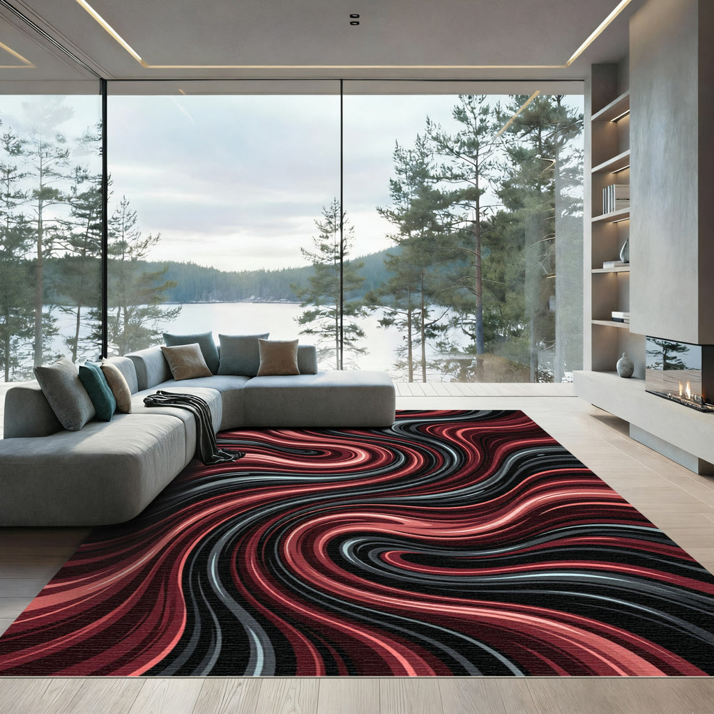 Crimson and Charcoal Abstract Flowing Wave Rug