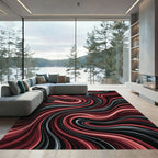 Crimson and Charcoal Abstract Flowing Wave Rug