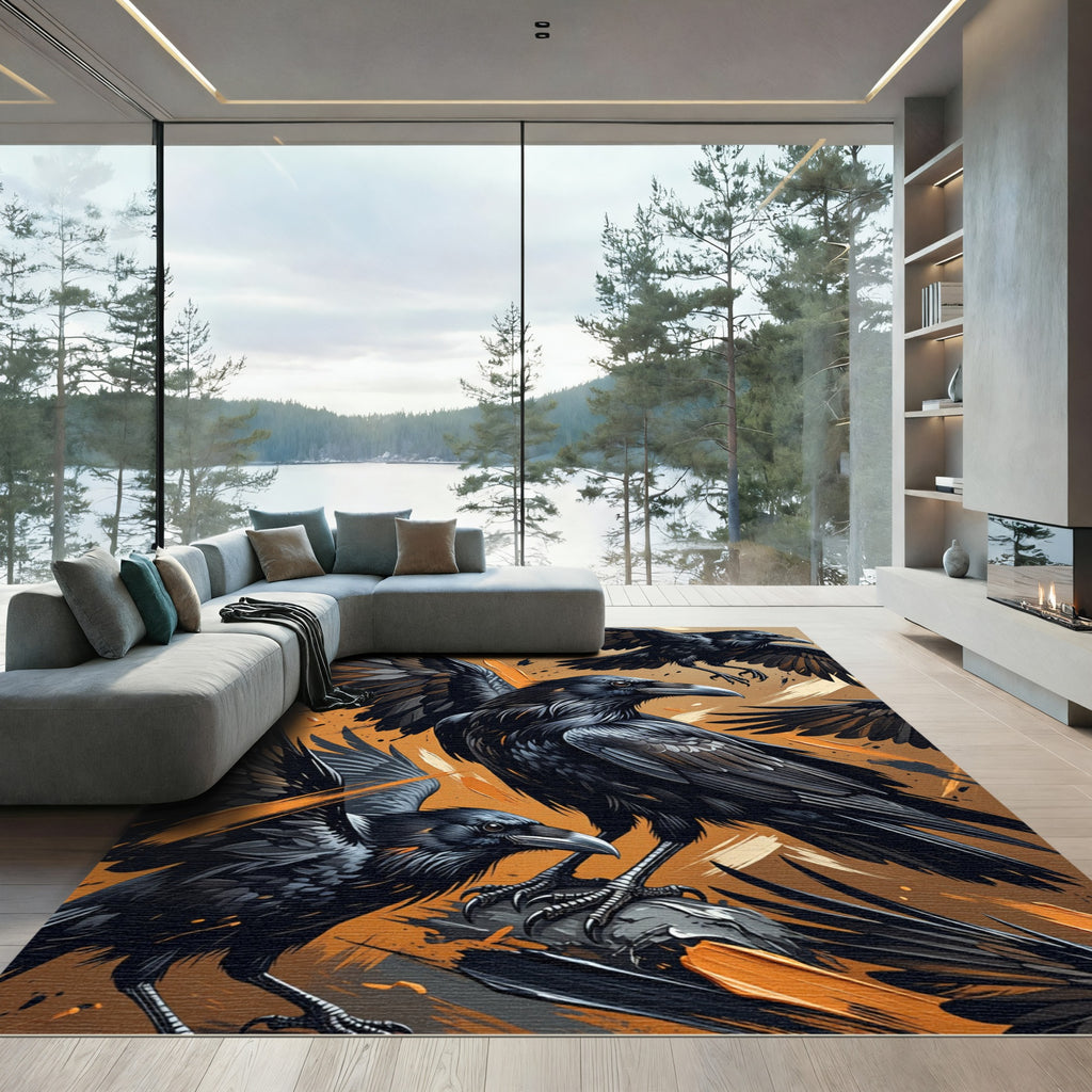 Dark Ravens With Orange Splatter Background Rug