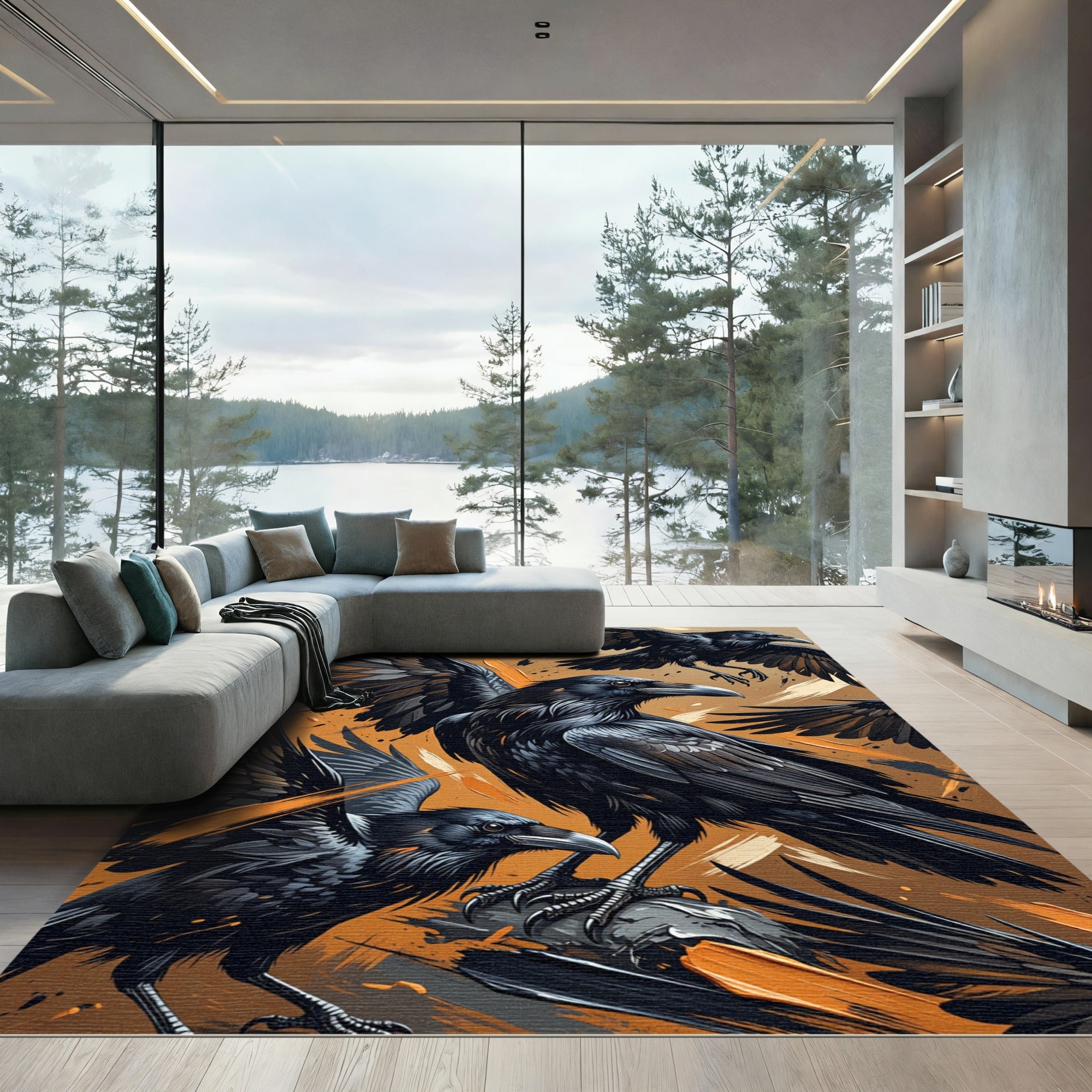 Dark Ravens With Orange Splatter Background Rug