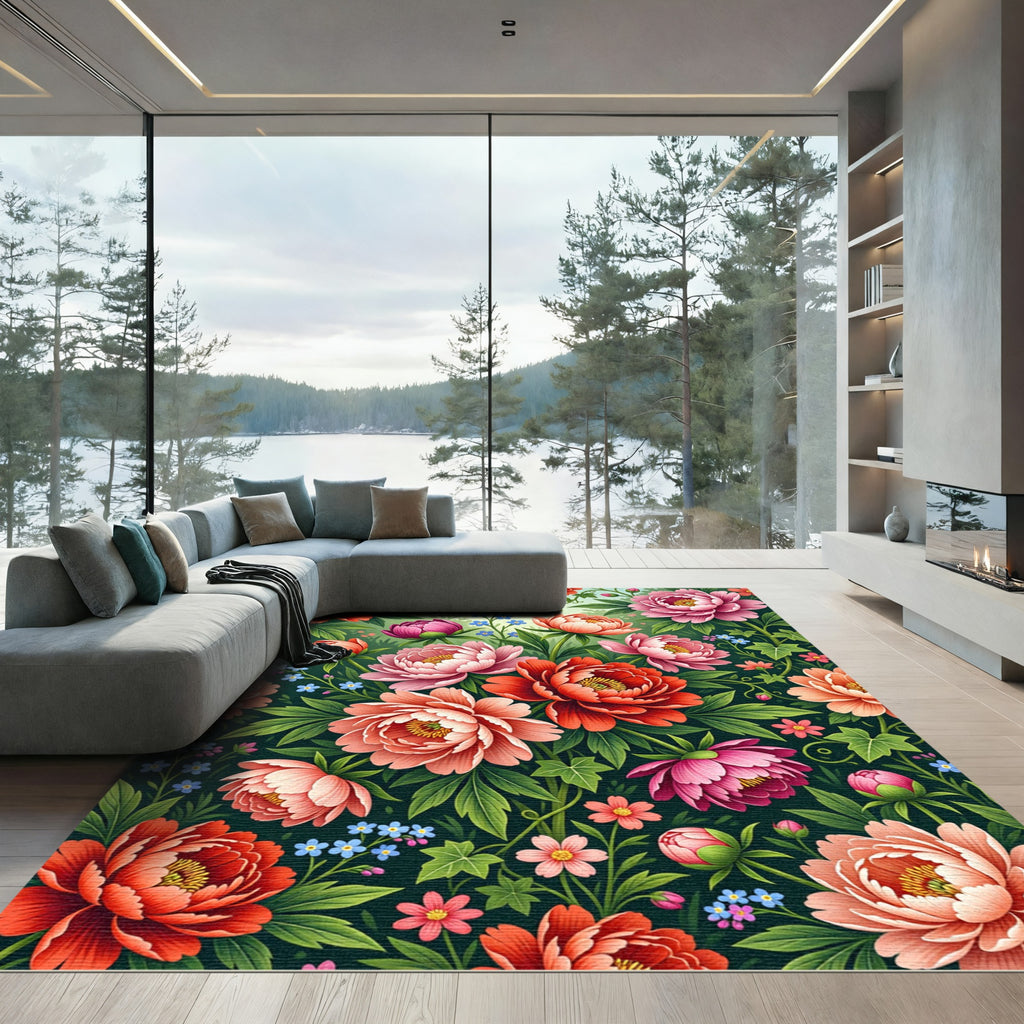 Vibrant Coral Pink Blooming Garden Rug