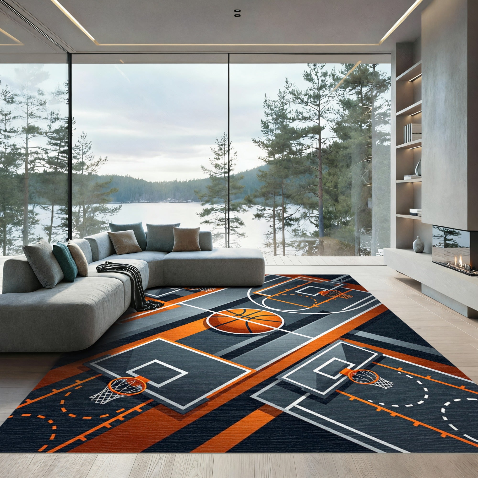 Dynamic Orange and Graphite Basketball Court Rug