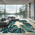 Deep Teal Tropical Leaf Arrangement Rug