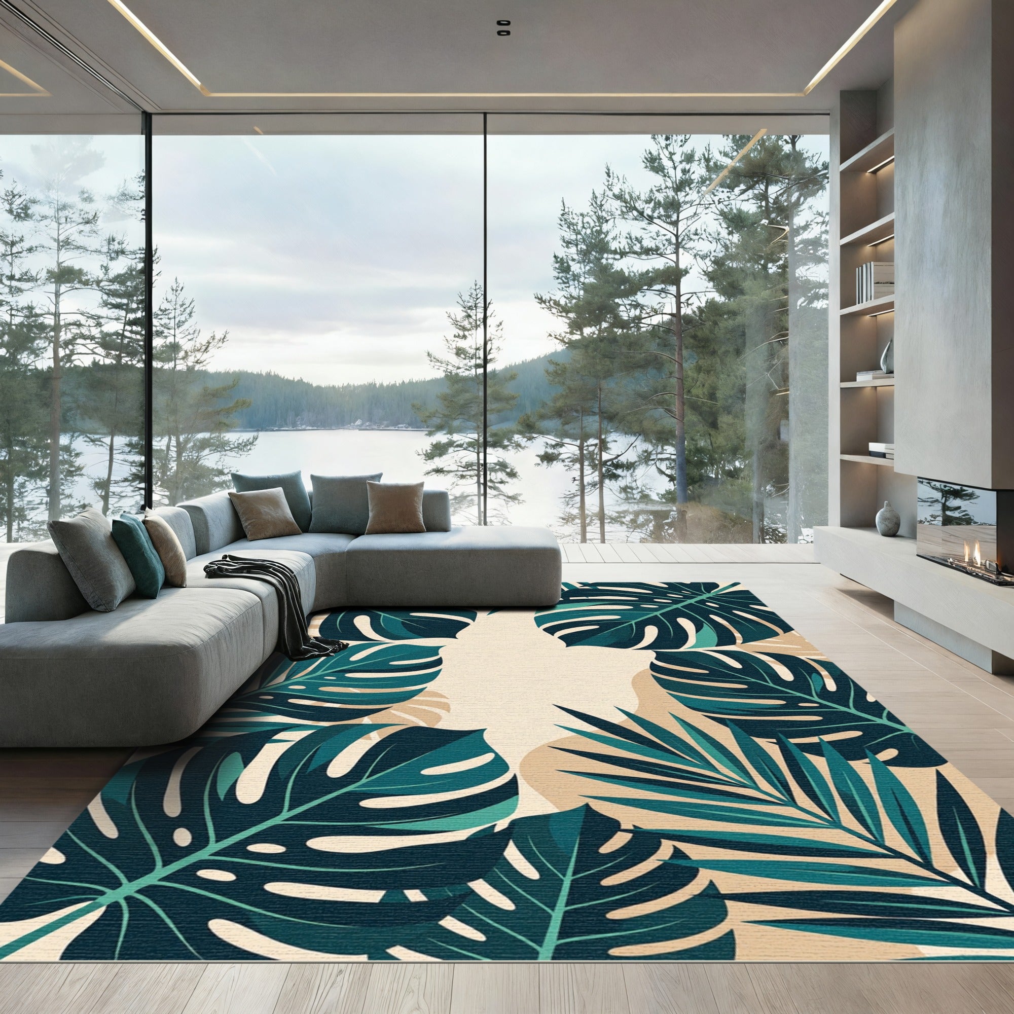 Deep Teal Tropical Leaf Arrangement Rug