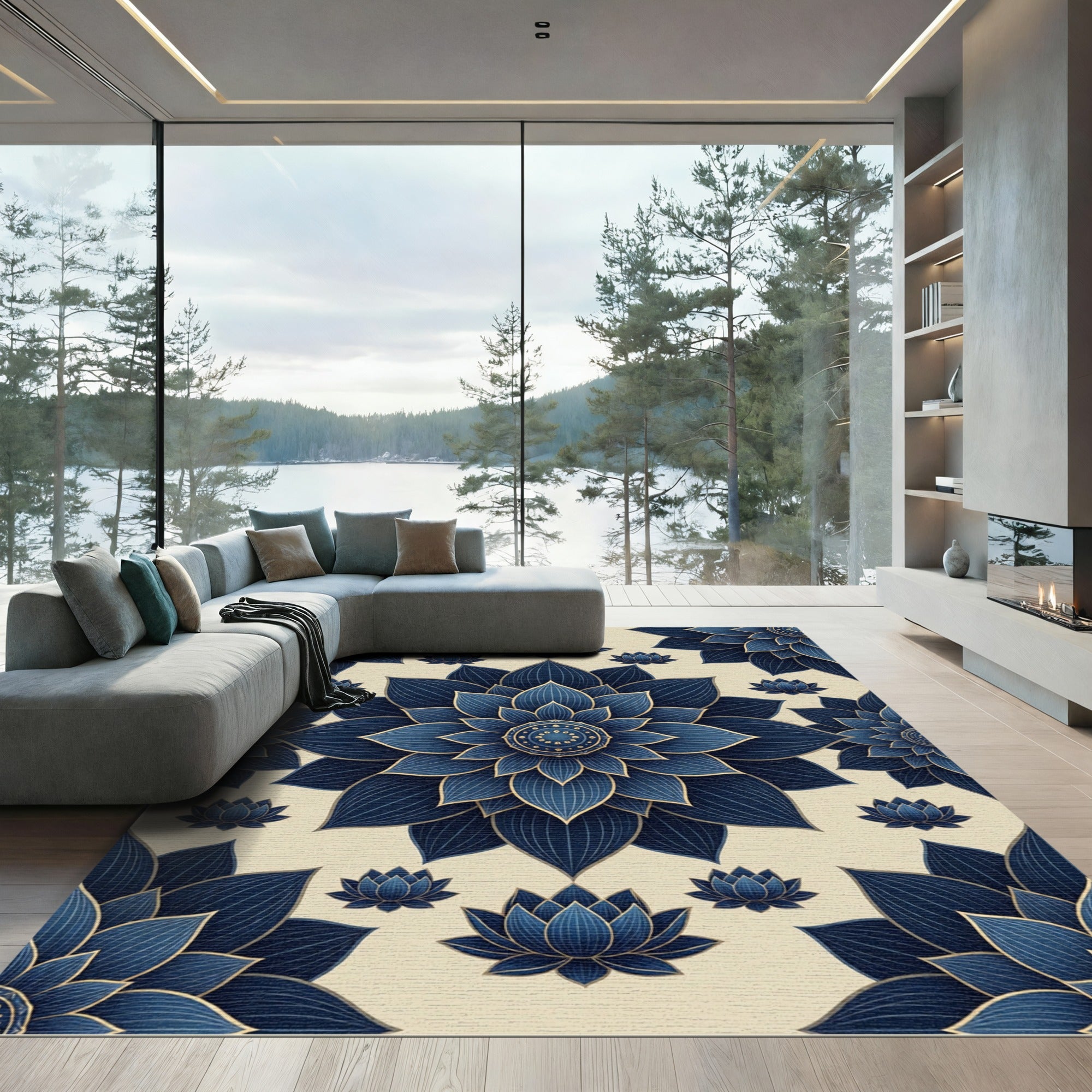Elegant Navy Lotus Medallion Rug
