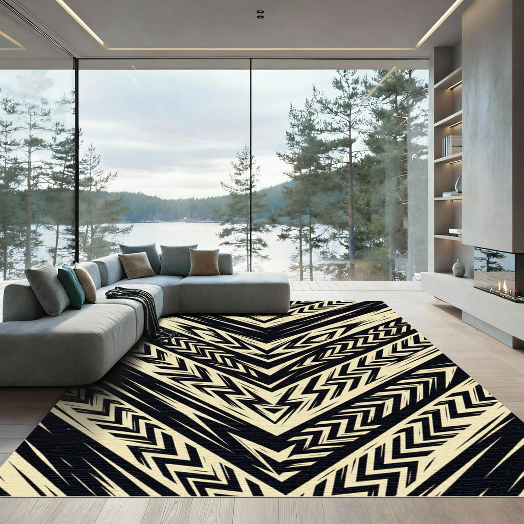 Bold Cream Black Chevron Geometric Rug