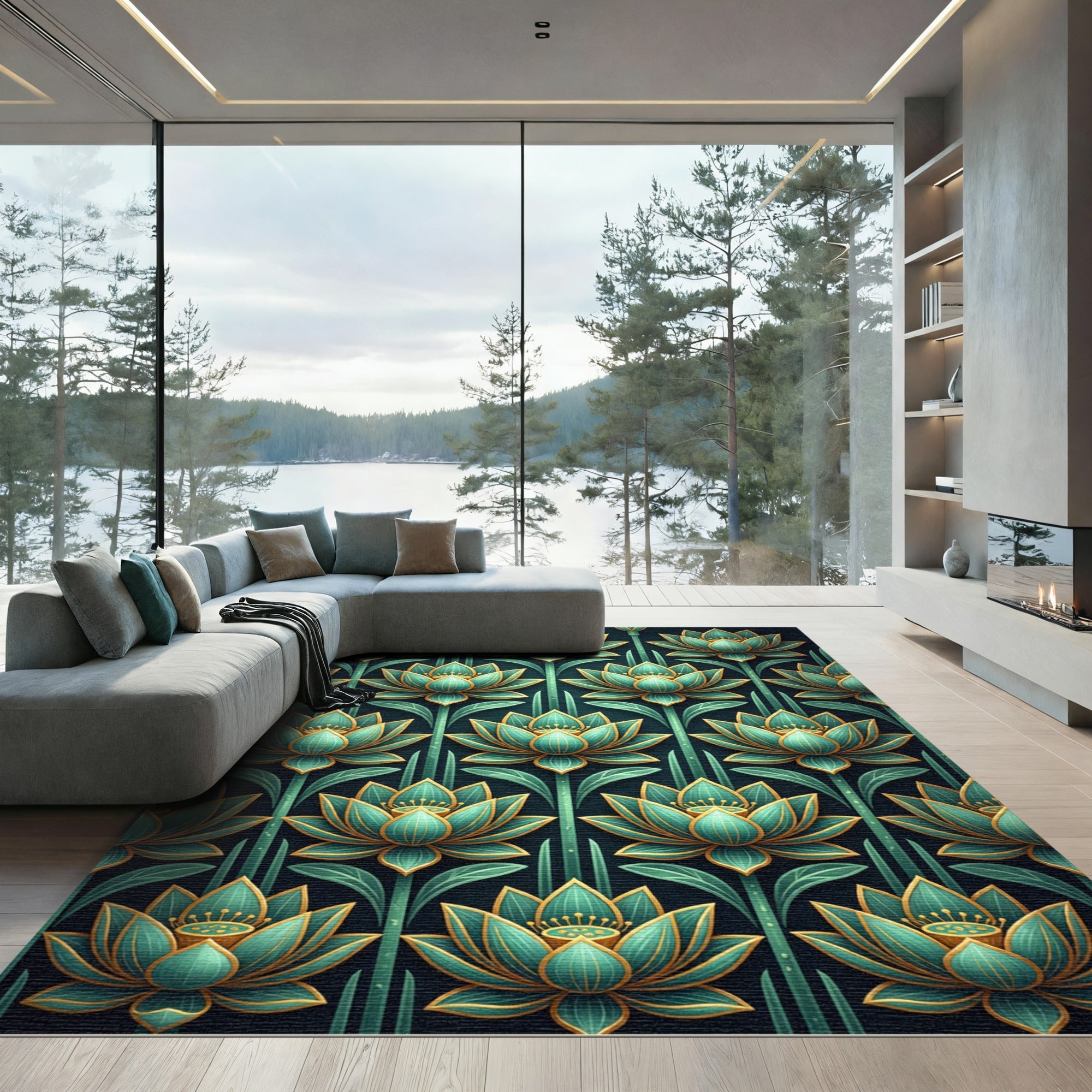 Emerald Lotus Blossom Floral Rug