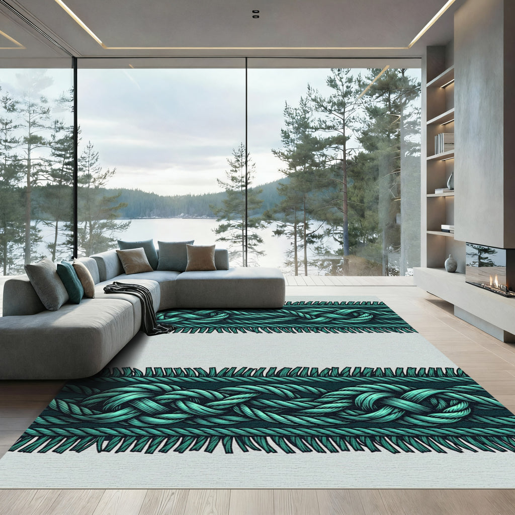 Teal Nautical Rope Border Fringe Rug