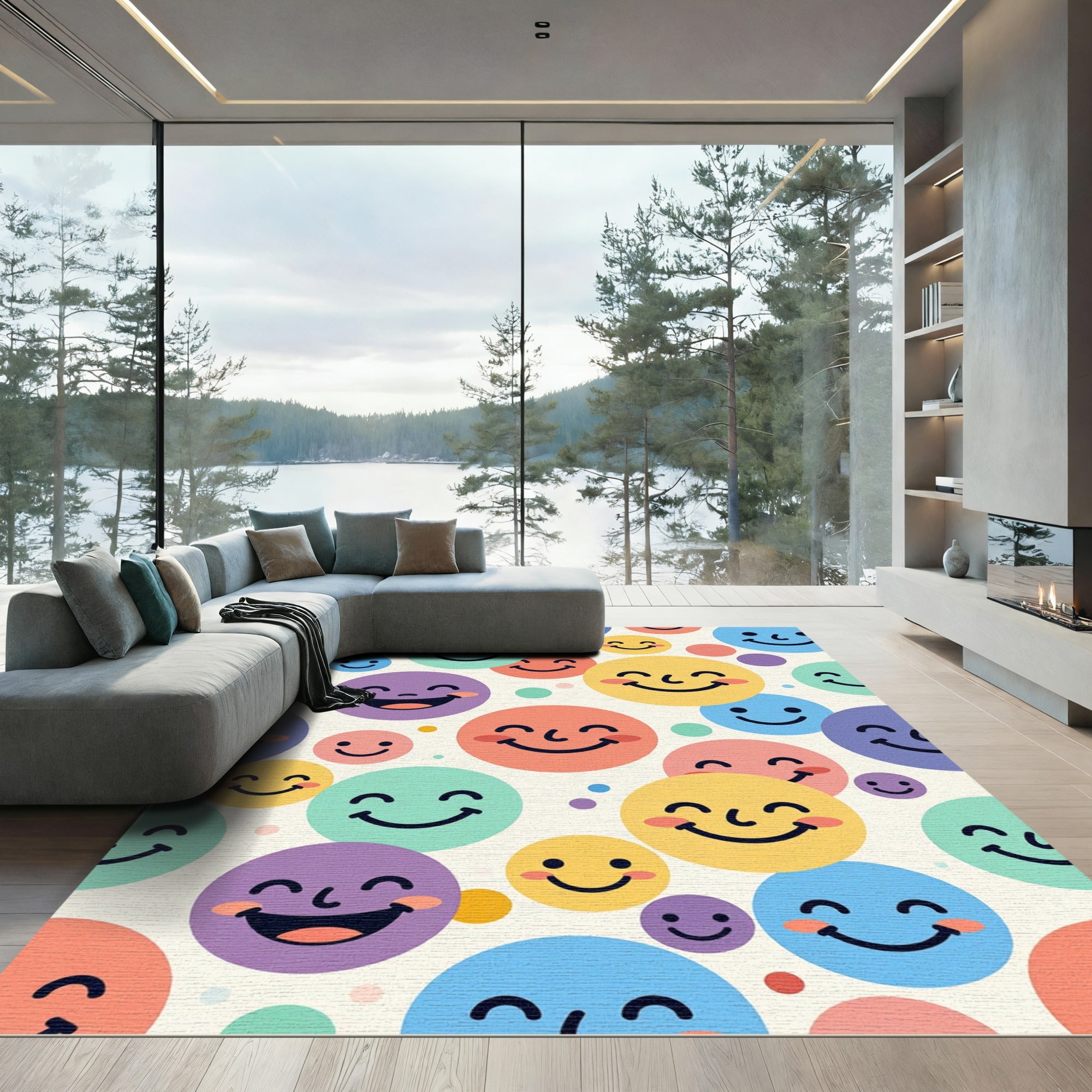 Cheerful Multicolored Happy Face Circles Rug