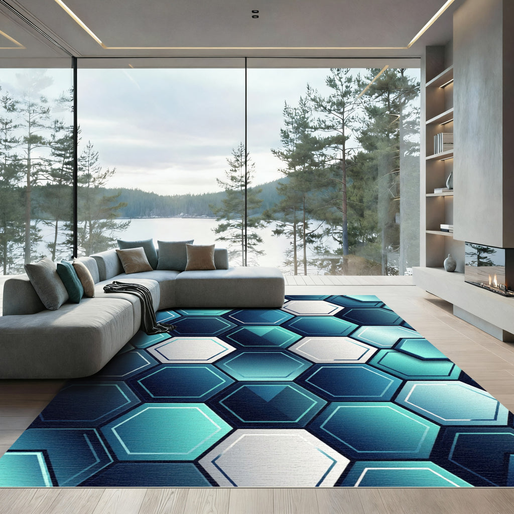 Modern Teal Blue Geometric Hexagon Rug